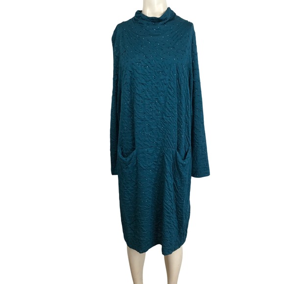Qneel Dresses & Skirts - Qneel Teal Textured Mock Neck Long Sleeve Midi Dress with Sparkle‎ Accents